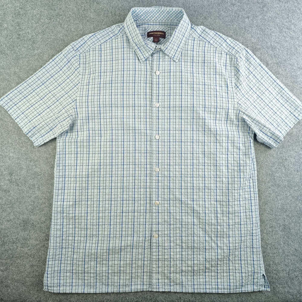 Johnston & Murphy Button Shirt Mens Large Blue White Plaid Cotton Short Sleeve